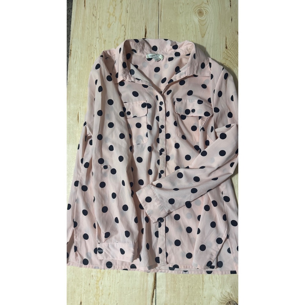 Studio Works Womens Pink Black Polka Dot Button Front Blouse Size L Long Sleeve